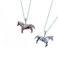Two origami horse necklaces, one silver and one rose gold plate, hanging on sterling silver adjustable chains.