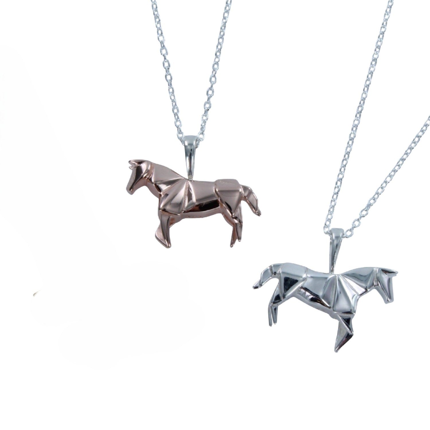 Two origami horse necklaces, one silver and one rose gold plate, hanging on sterling silver adjustable chains.
