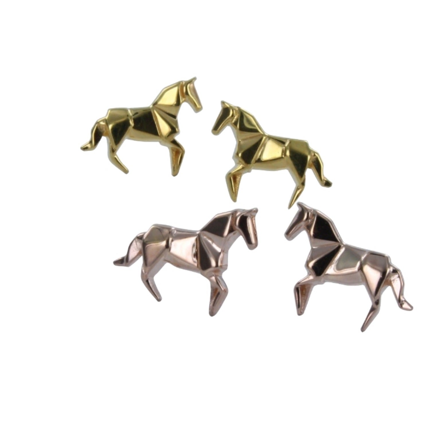 Two pairs of horse stud earrings, in an origami style. One in 18ct yellow gold and one in 18ct rose gold plate.