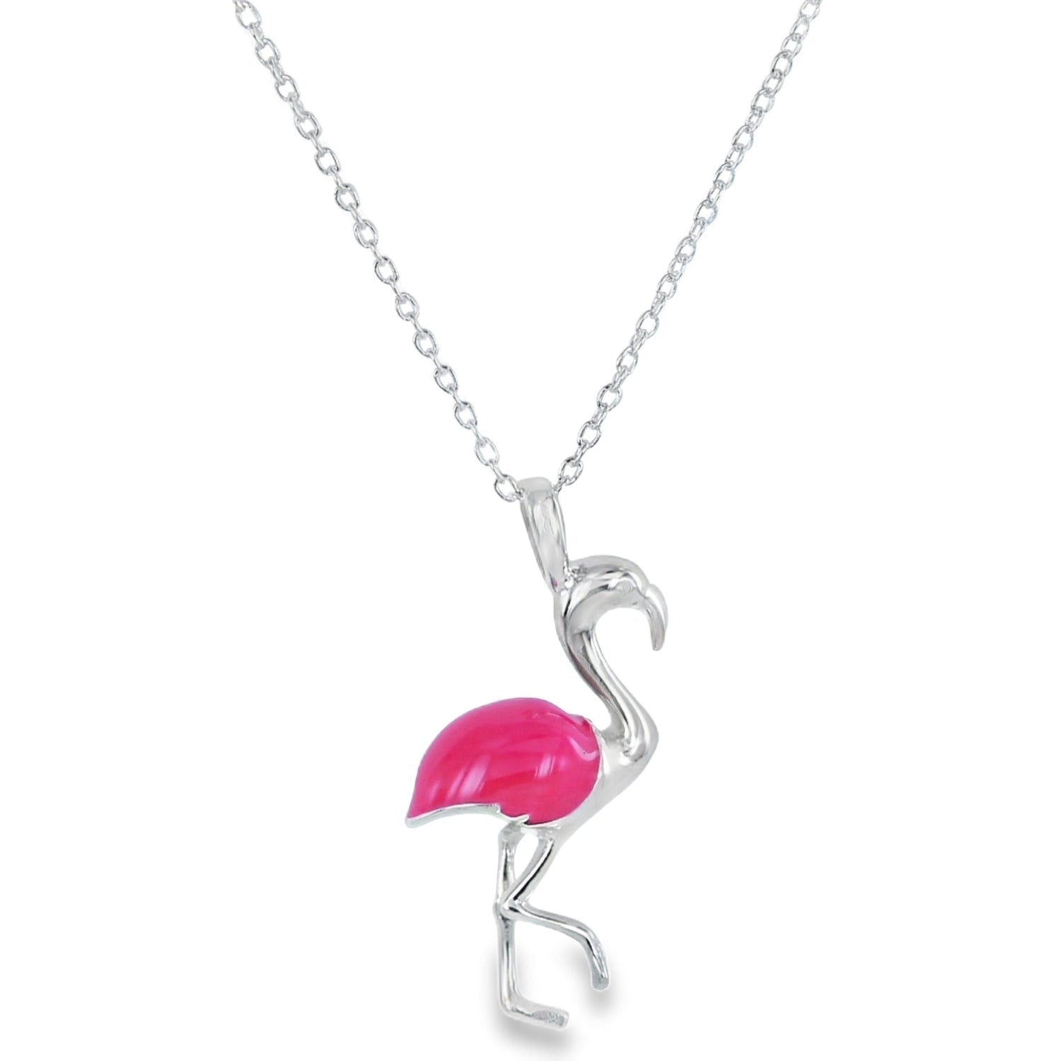Sterling Silver Flamingo pendant with pink enamel finish, hung on a silver adjustable chain.