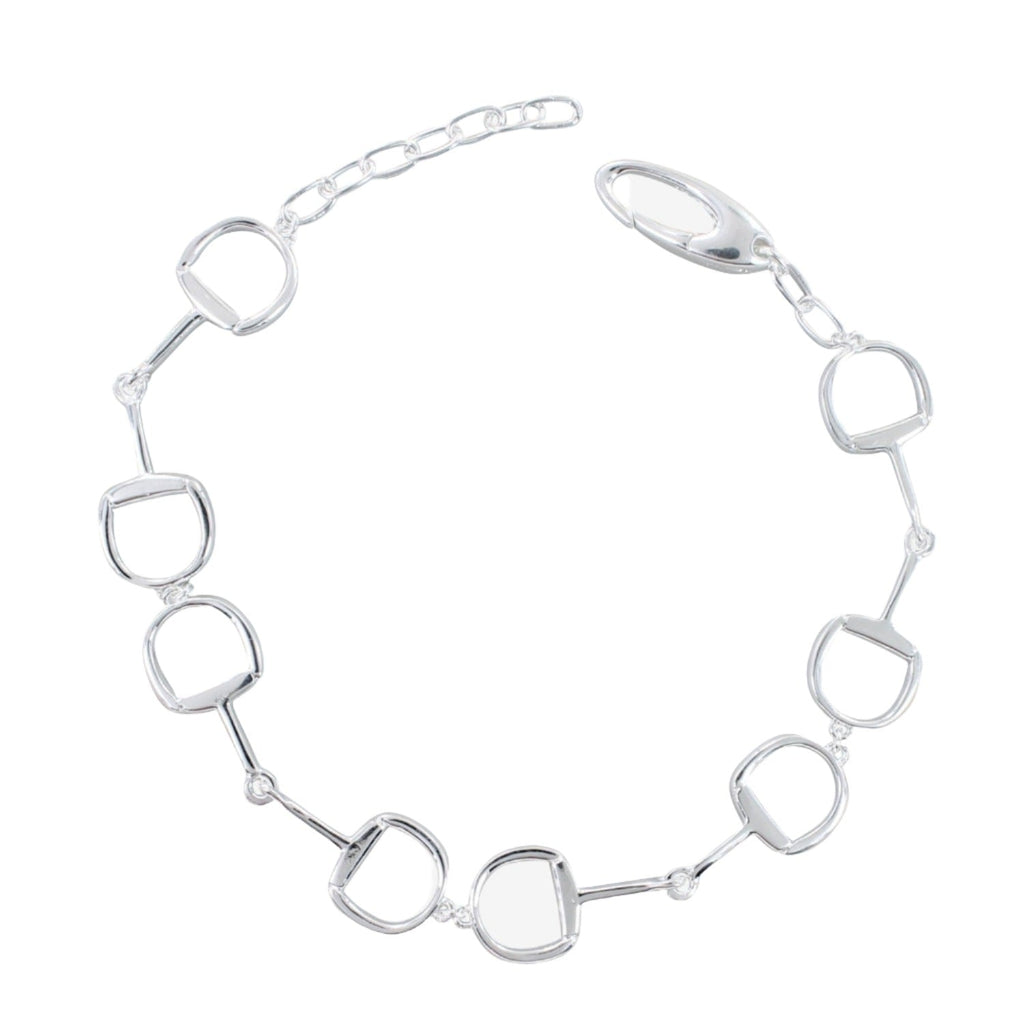A sterling silver bracelet, featuring four interlocking snaffle bits with an adjustable section and adjustable clasp.