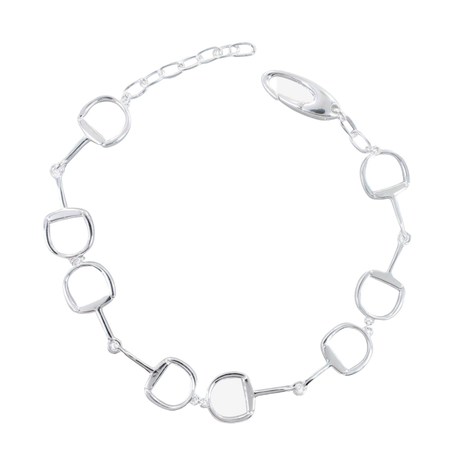 A sterling silver bracelet, featuring four interlocking snaffle bits with an adjustable section and adjustable clasp.
