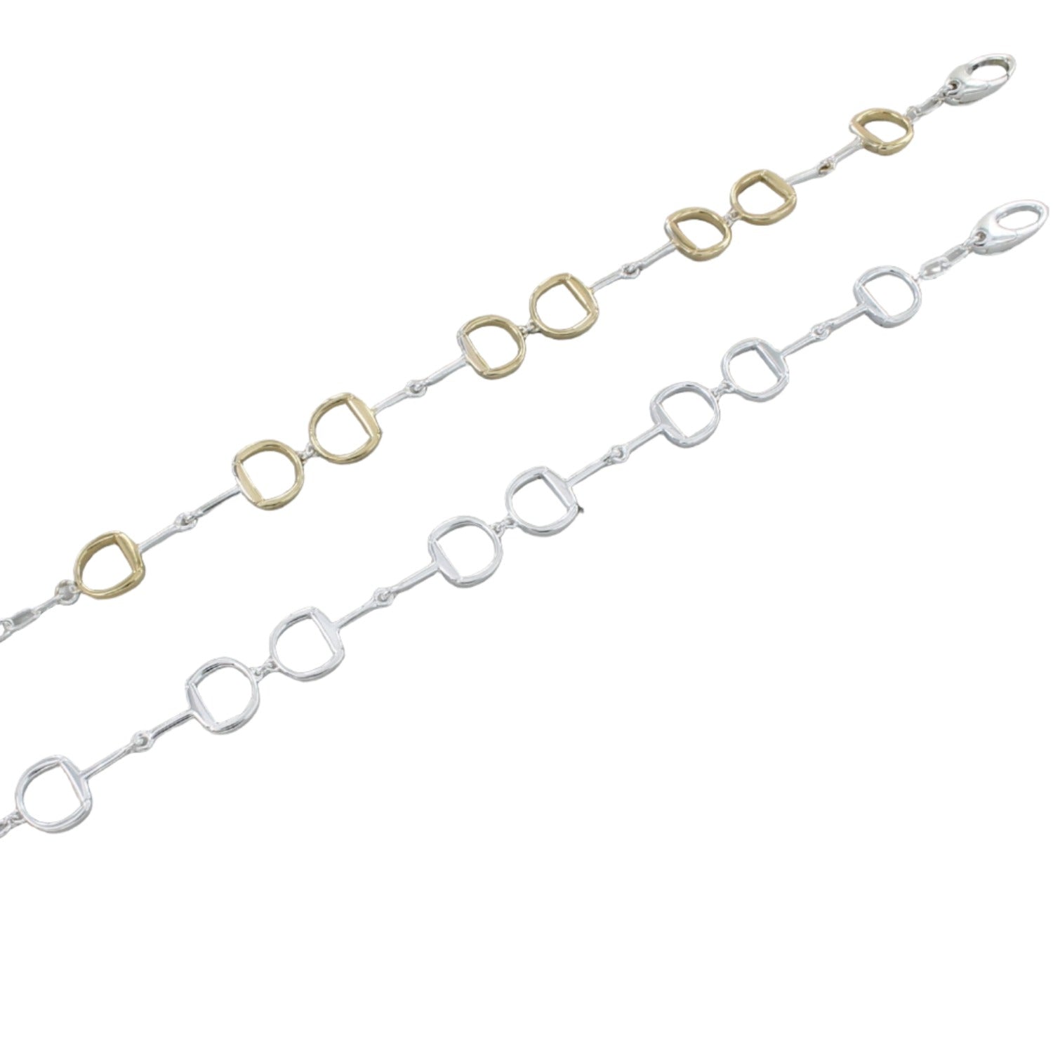 Two sterling silver snaffle bracelets, one with gold plated details, featuring four interlocking snaffle bits and a lobster clasp.