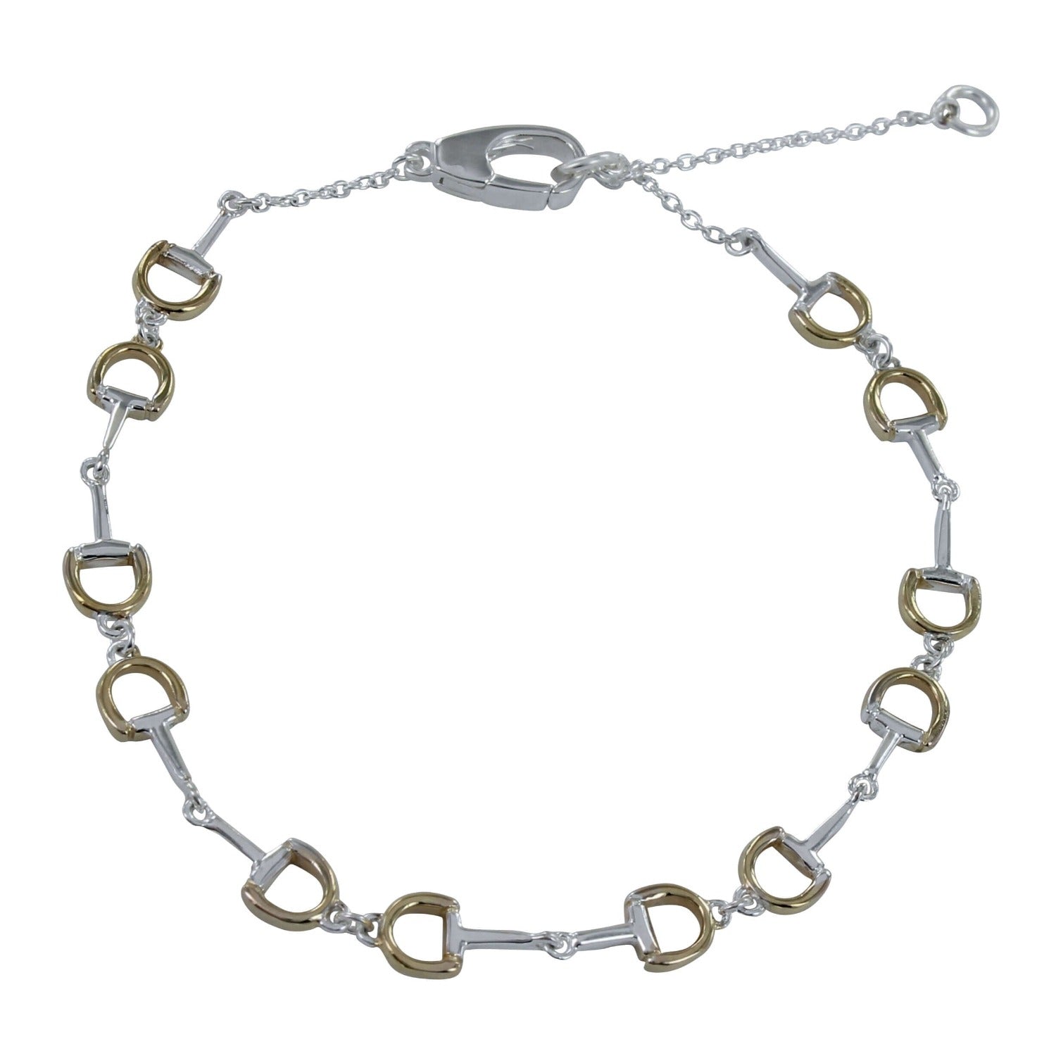 A sterling silver and gold plated bracelet with six interlocking snaffle bits, featuring a high shine finish.