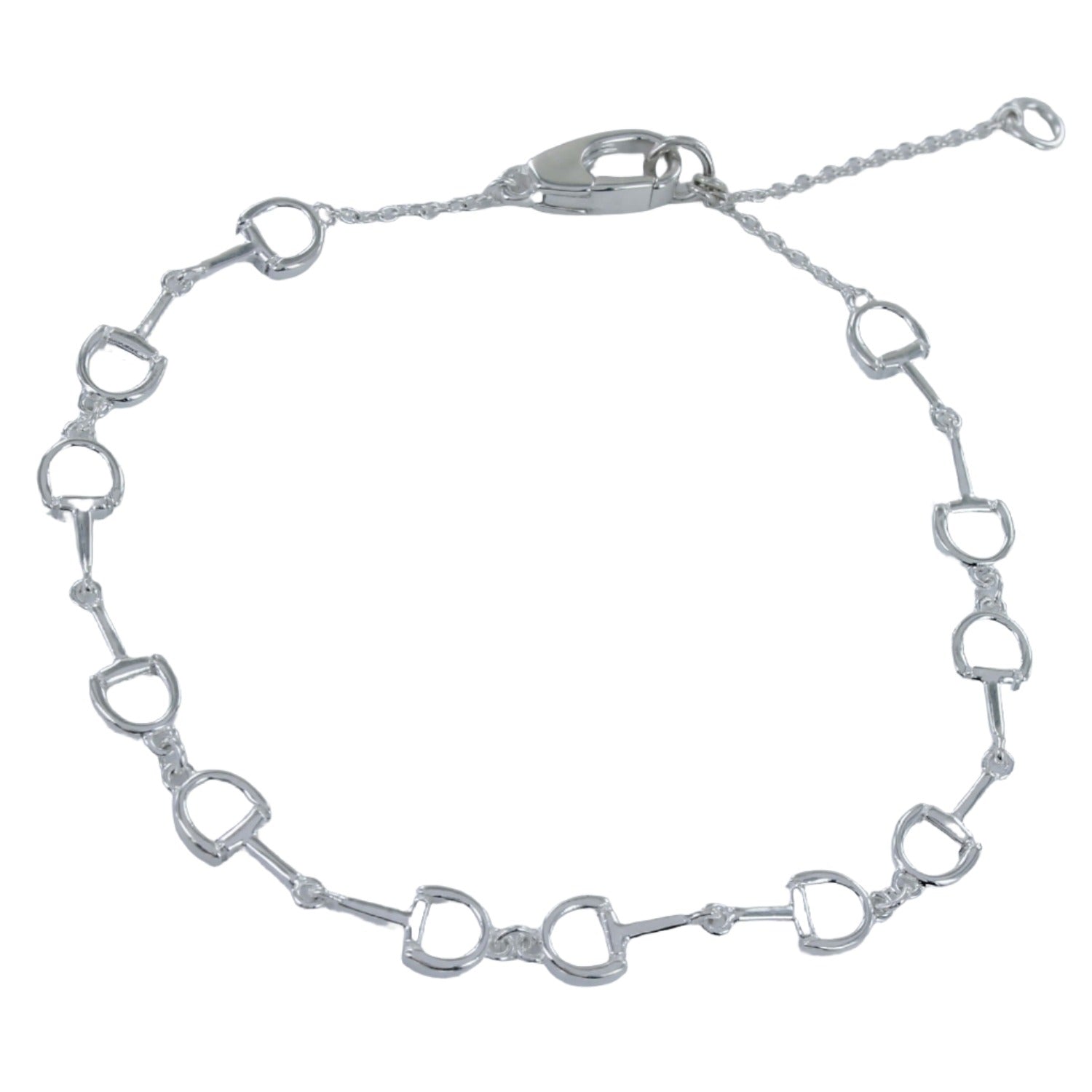 A sterling silver bracelet with six interlocking snaffle bits, featuring a high shine finish and lobster clasp.