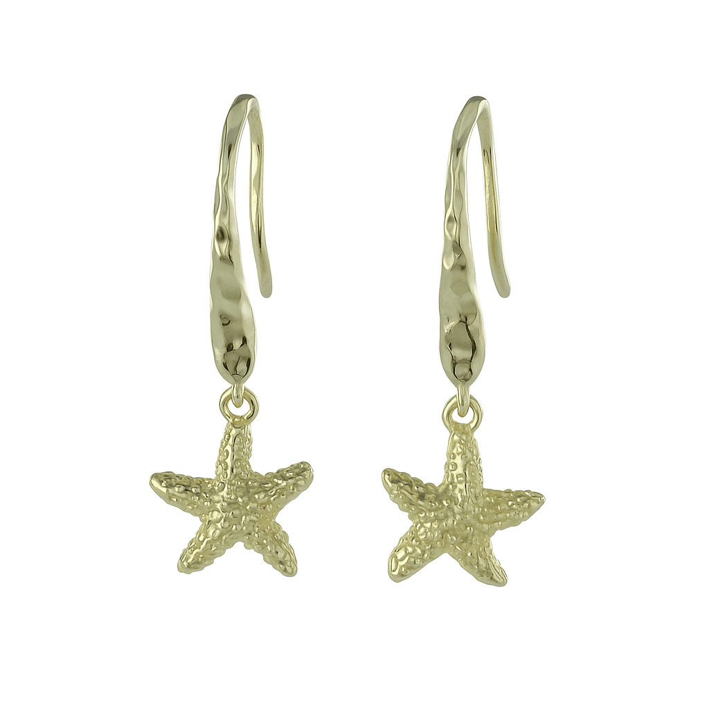 A pair of drop earrings with textured starfish hanging from the bottom of hammered hooks. The earrings are sterling silver with 18ct gold plating.
