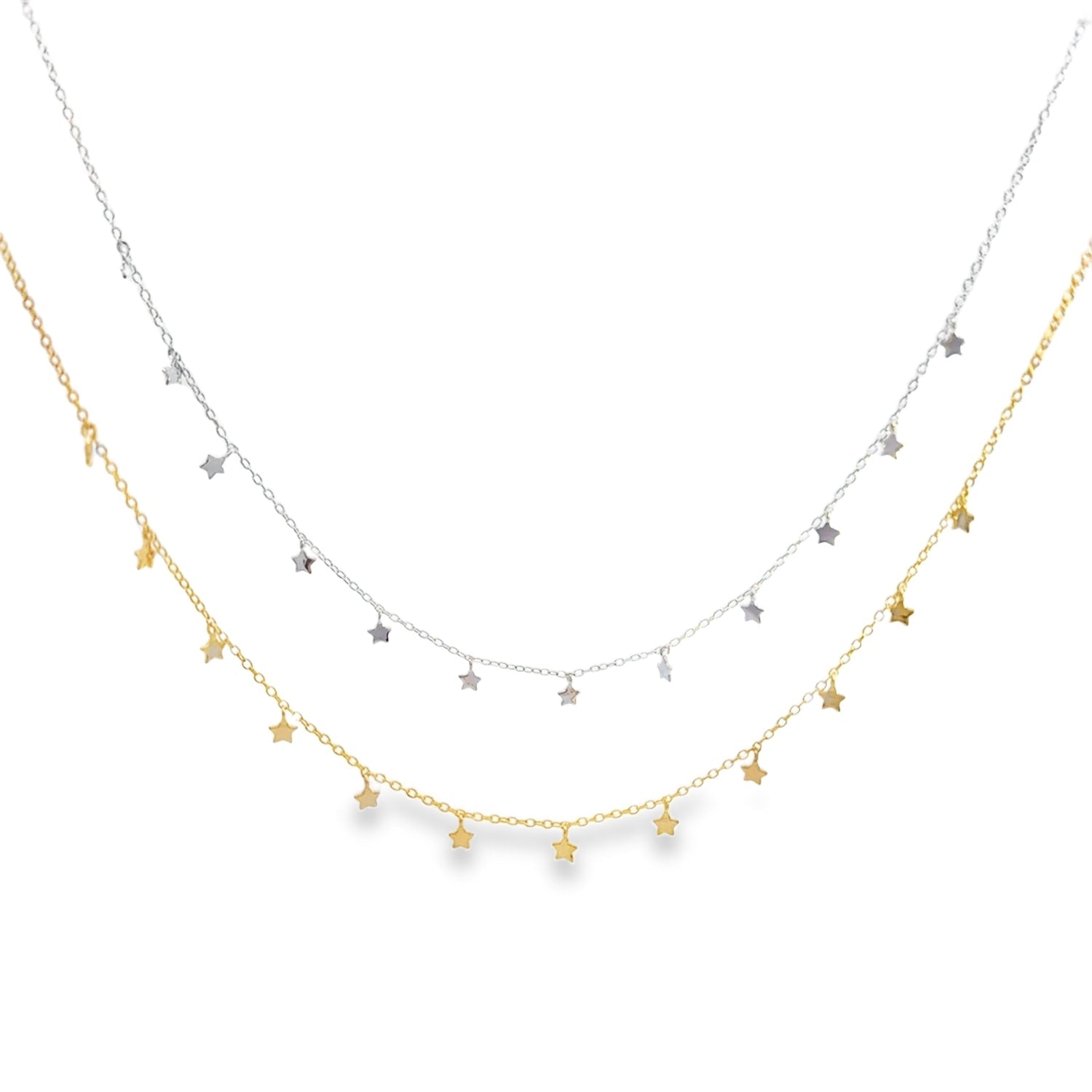 Two chain style necklaces, one silver and one gold, with twelve 2D star charms hanging evenly along the chain.