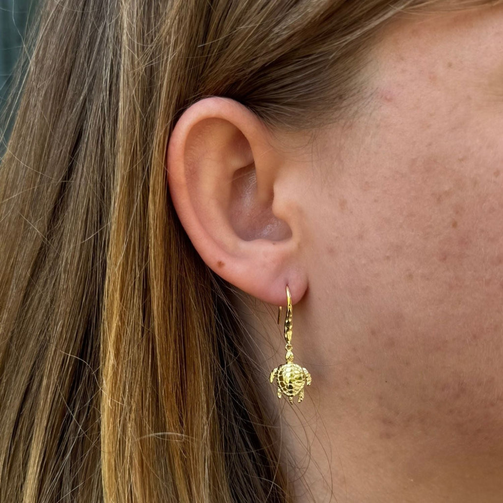 A gold plated turtle earring, hanging on a hammered gold hook and shown in a ladies ear.