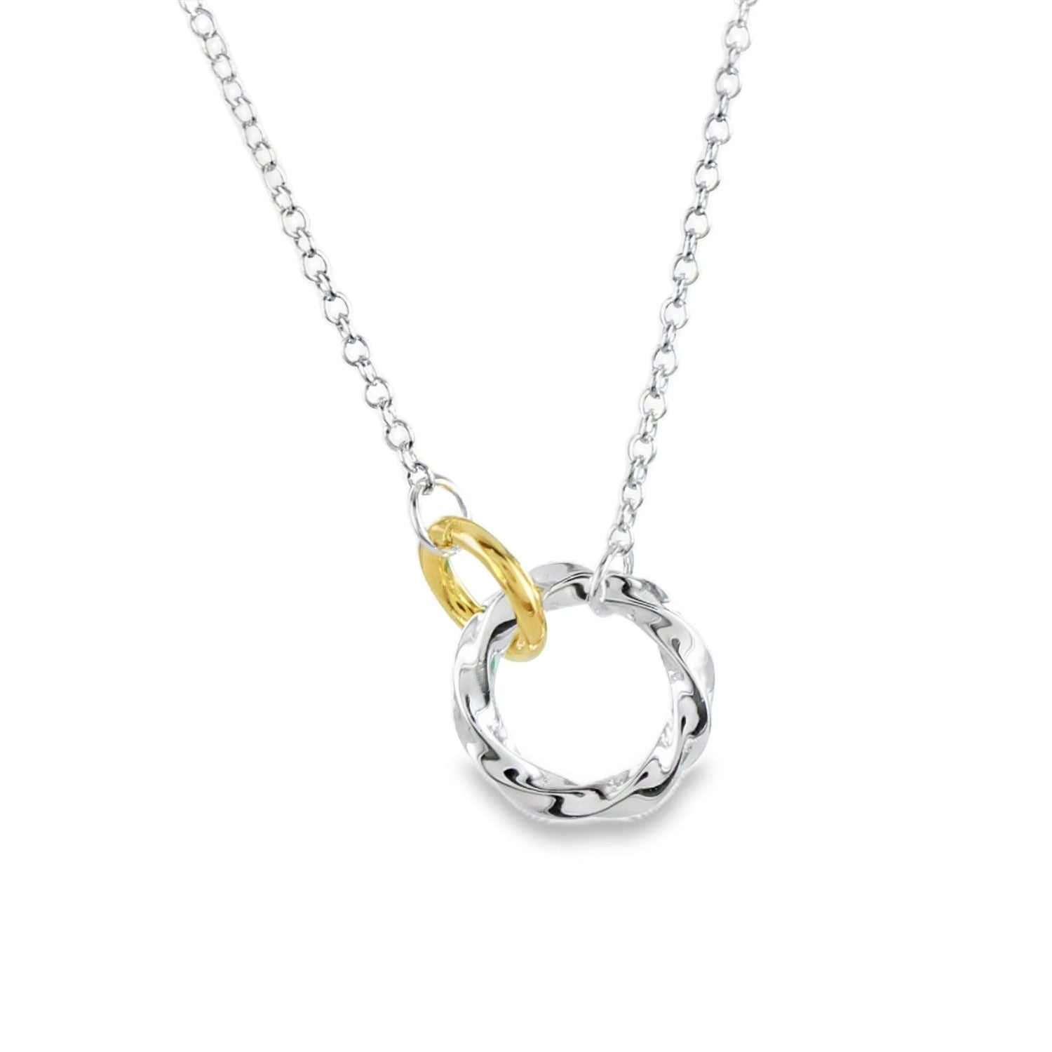A sterling silver twisted circle with a smaller gold plated circle interlinking. These sit as the central feature on a silver adjustable chain.