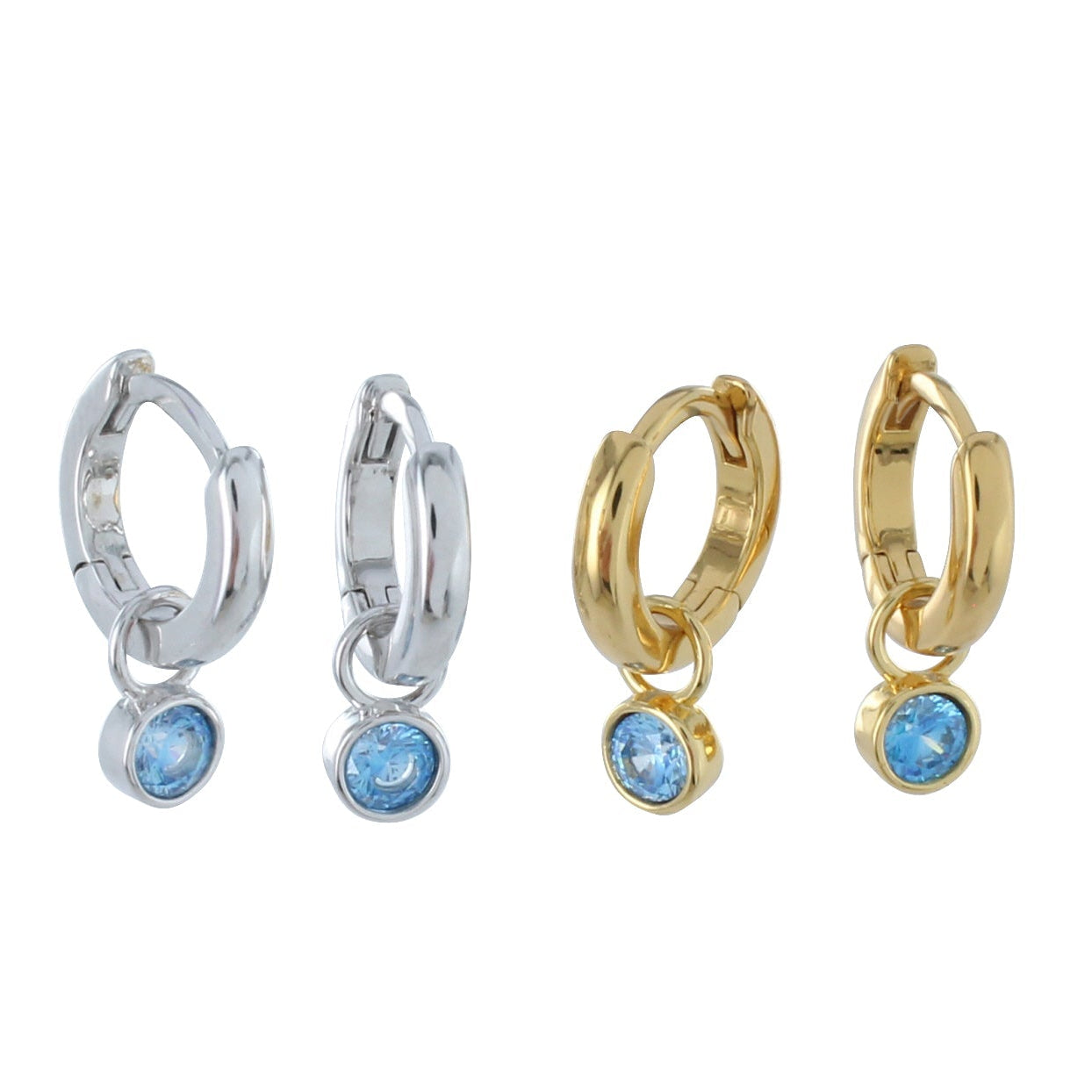 Two pairs of hoop earrings, one silver and one gold plate, with blue gemstone charms hanging from each hoop.