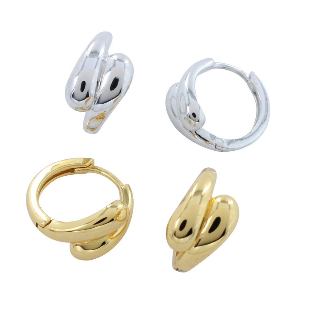 Two pairs of huggie earrings, one silver and one gold plate with a teardrop shape at either end that meet at the front of the hoop.