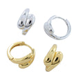 Two pairs of huggie earrings, one silver and one gold plate with a teardrop shape at either end that meet at the front of the hoop.
