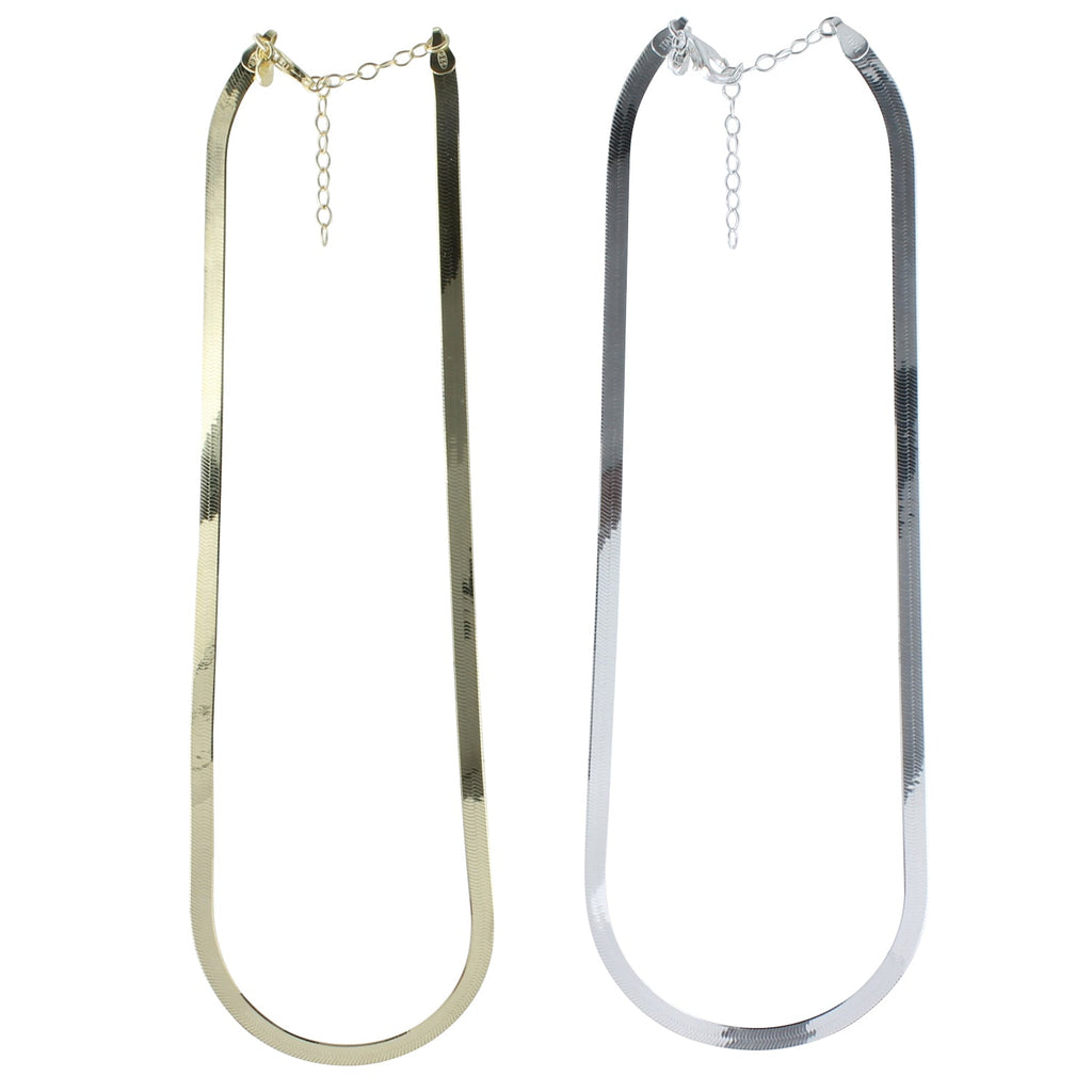 Two Snake Chains, one in silver and one in gold plate with adjustable clasp.