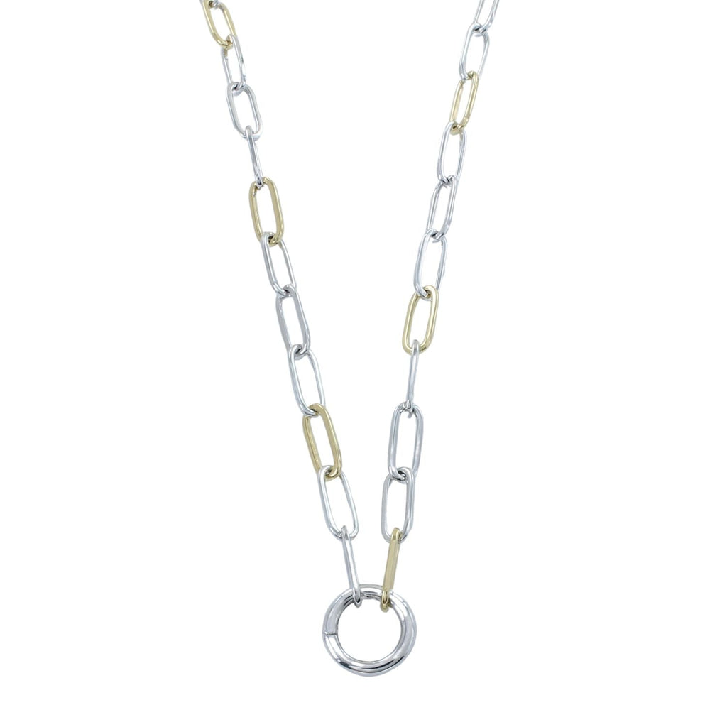 A sterling silver paperclip style chain with 18ct gold plating on every fourth link. The necklace is finished with a circular clasp which also acts as the central feature. 