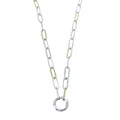A sterling silver paperclip style chain with 18ct gold plating on every fourth link. The necklace is finished with a circular clasp which also acts as the central feature. 