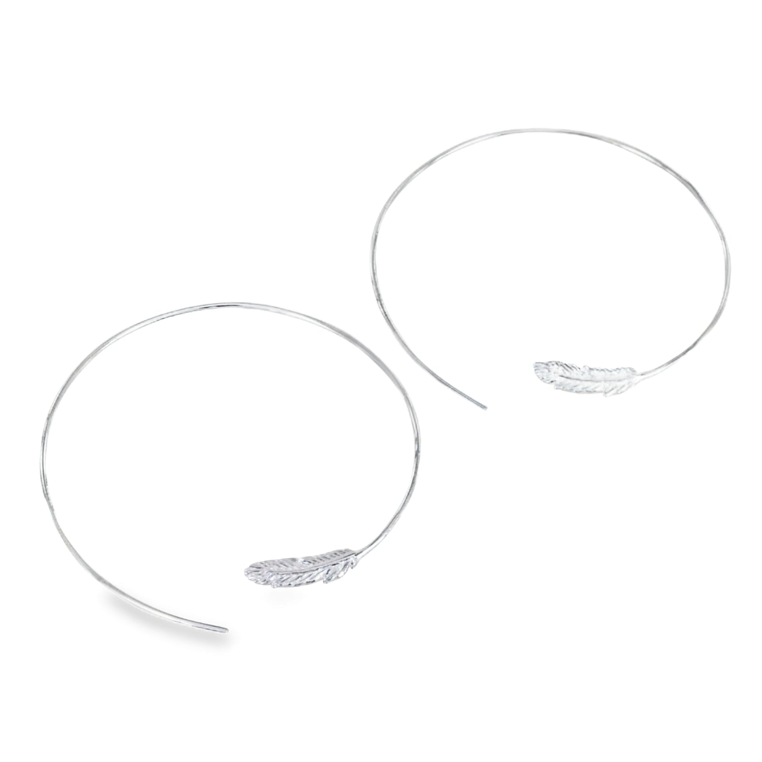 A pair of large silver hoops with feathers on each end that thread through the ear.