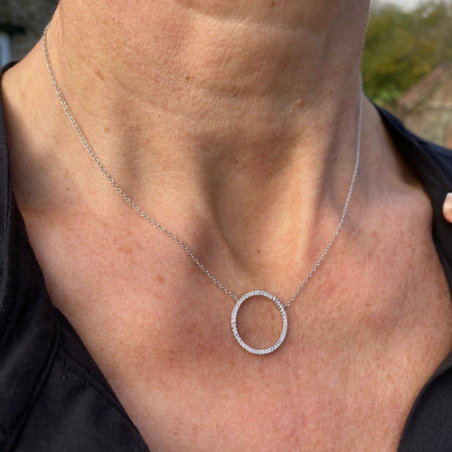 14K Large Solid Gold and Diamond Open Circle Necklace - Reeves & Reeves