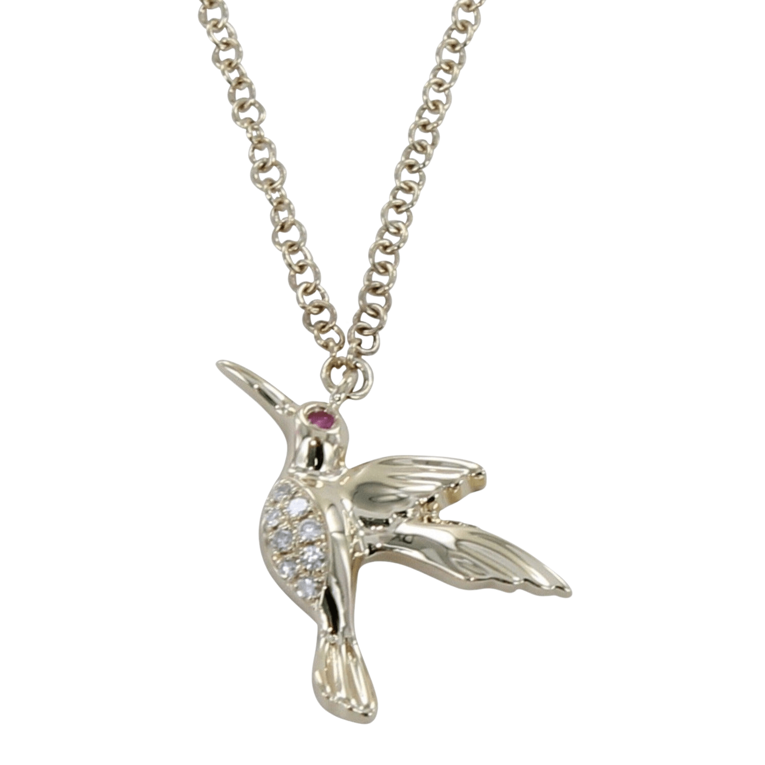A 14k solid gold humming bird pendant with diamonds on its tummy and a ruby in its eye. Hung on a solid gold chain.