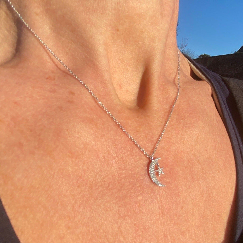 14K Solid Gold Diamond Moon and Star Necklace - Reeves & Reeves