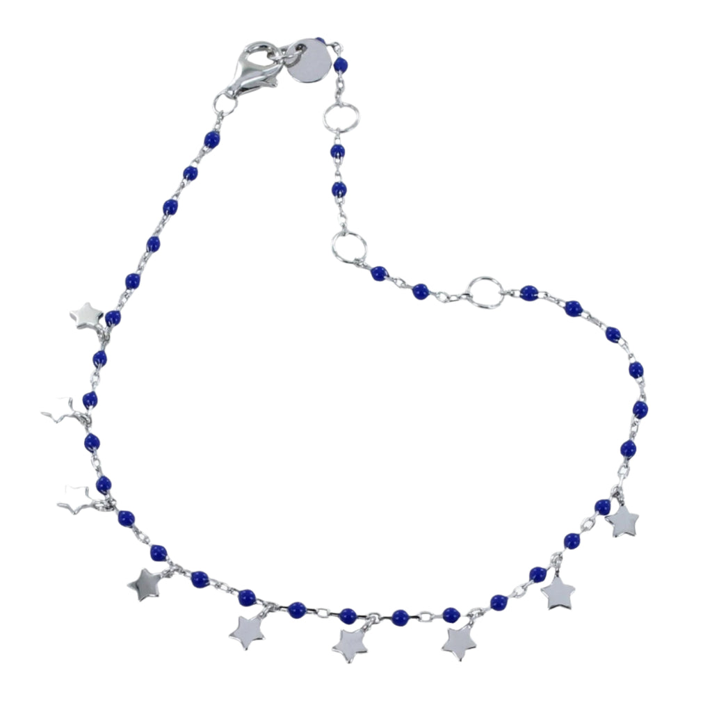 Silver fine chain Bracelet with navy blue beads and silver star charms hanging from the chain. Finished with a lobster style clasp and has adjustable features.