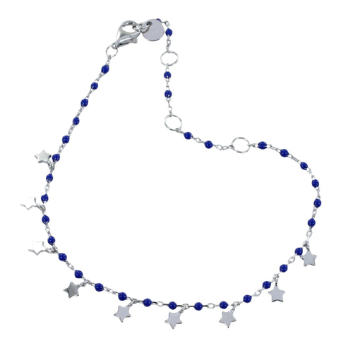 Silver fine chain Bracelet with navy blue beads and silver star charms hanging from the chain. Finished with a lobster style clasp and has adjustable features.