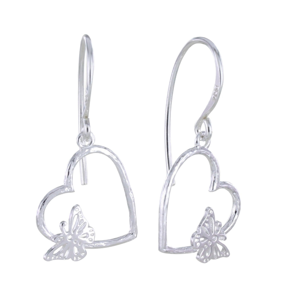 Butterfly in Heart Sterling Silver Drop Earrings - Reeves & Reeves