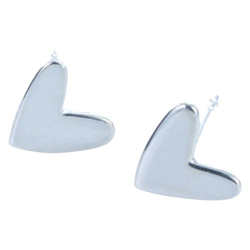 A pair of sterling silver heart stud earrings in a high shine finish.