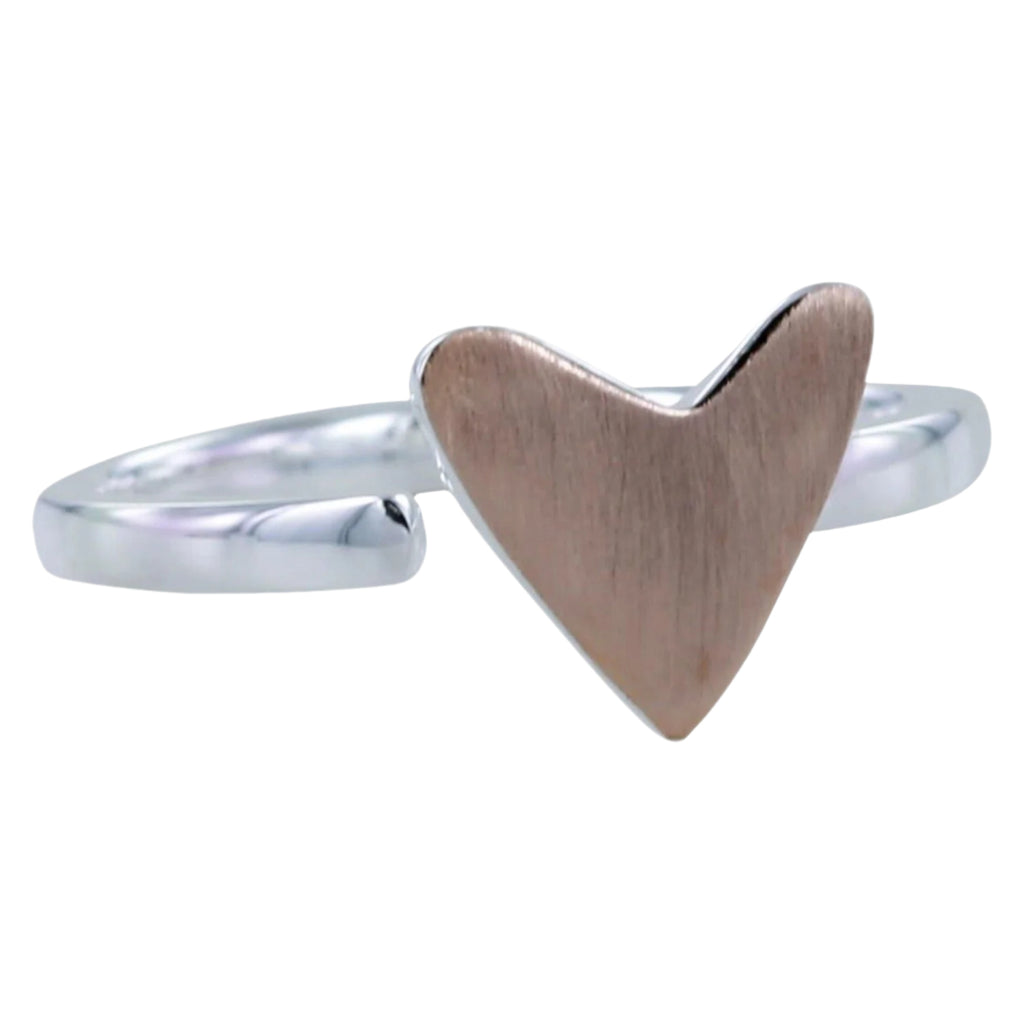 Silver banded adjustable ring with a rose gold plate heart at the front.