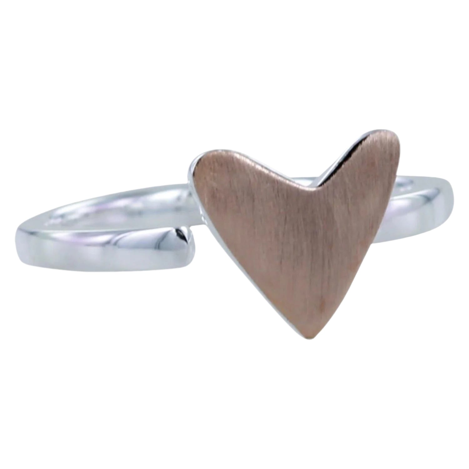 Silver banded adjustable ring with a rose gold plate heart at the front.