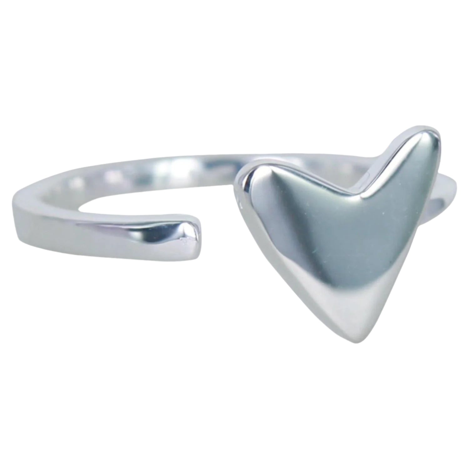 Silver banded ring which is adjustable with a heart shape at one end to sit on the front of the finger when worn.