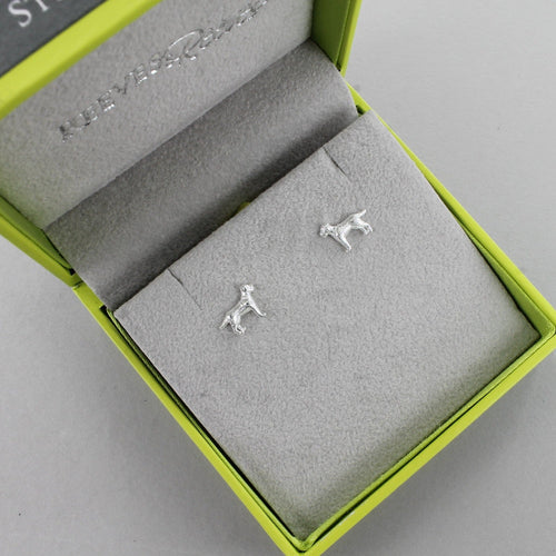 A pair of sterling silver Labrador dog stud earrings, shown in a Reeves & Reeves box.