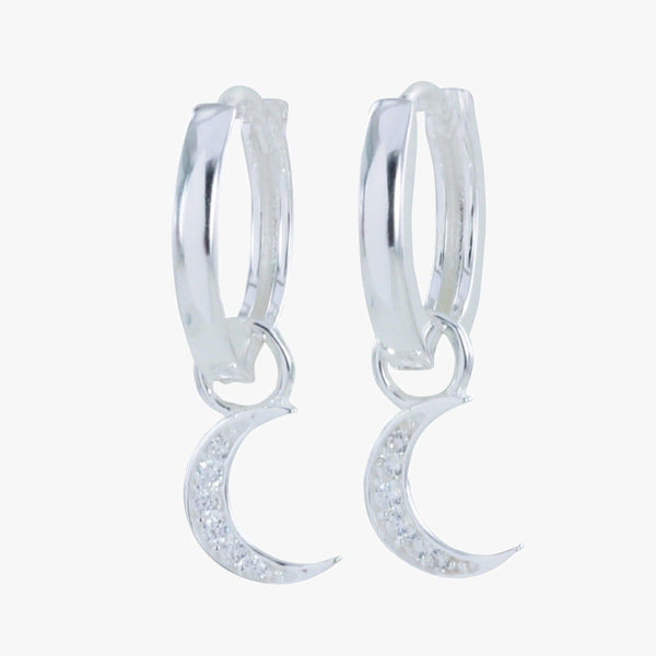 Crescent Moon Sterling Silver Pavé Hoop Earrings - Reeves & Reeves