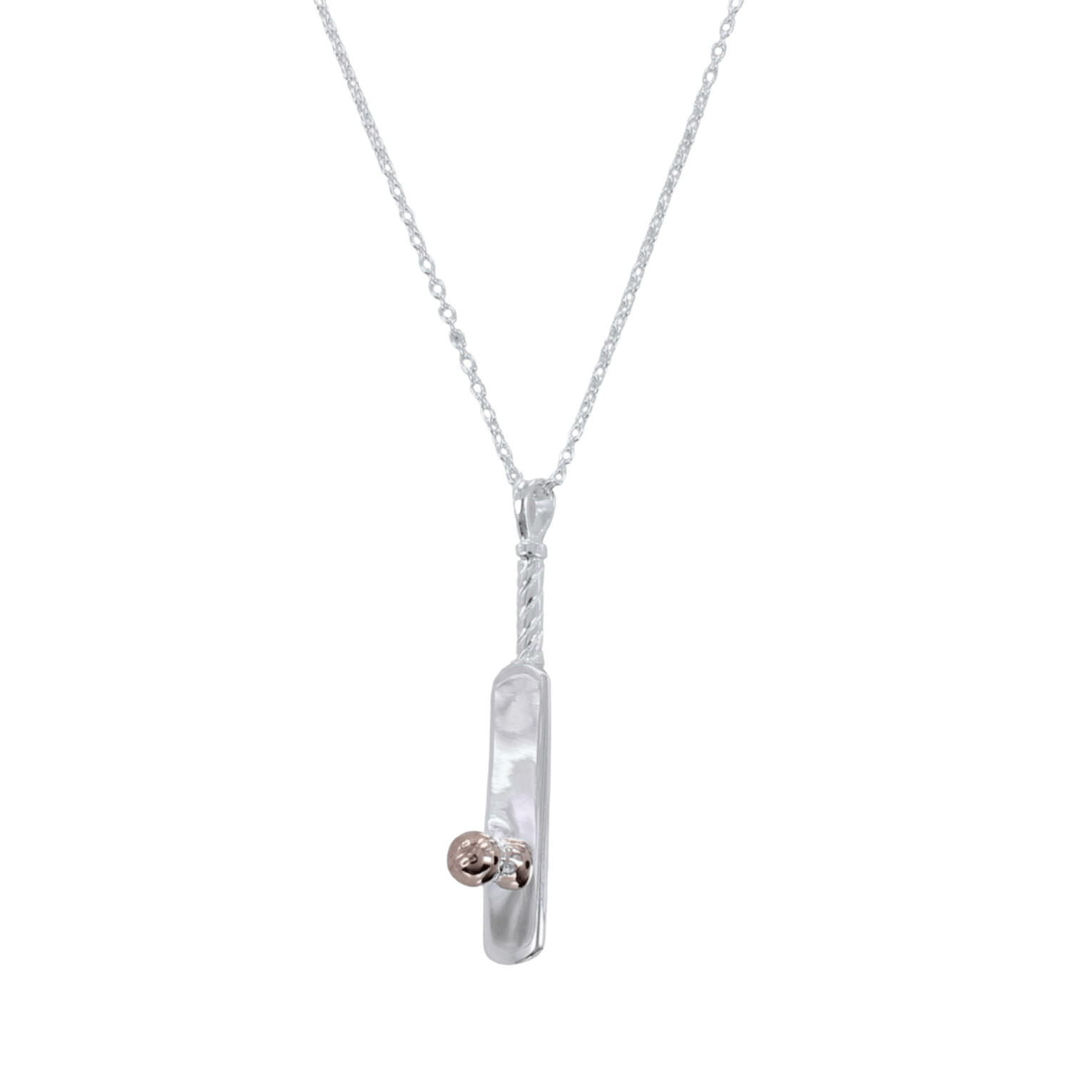 A sterling silver necklace featuring a three-dimensional cricket bat design with a cricket ball detail in rose gold vermeil, suspended from a silver chain.