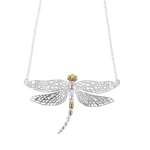 A Sterling Silver Dazzling Dragonfly Necklace, with cut out wings and 18ct yellow and rose gold plate detailing on its body. The dragonfly is hung centrally by the tips of its wings on a silver chain.