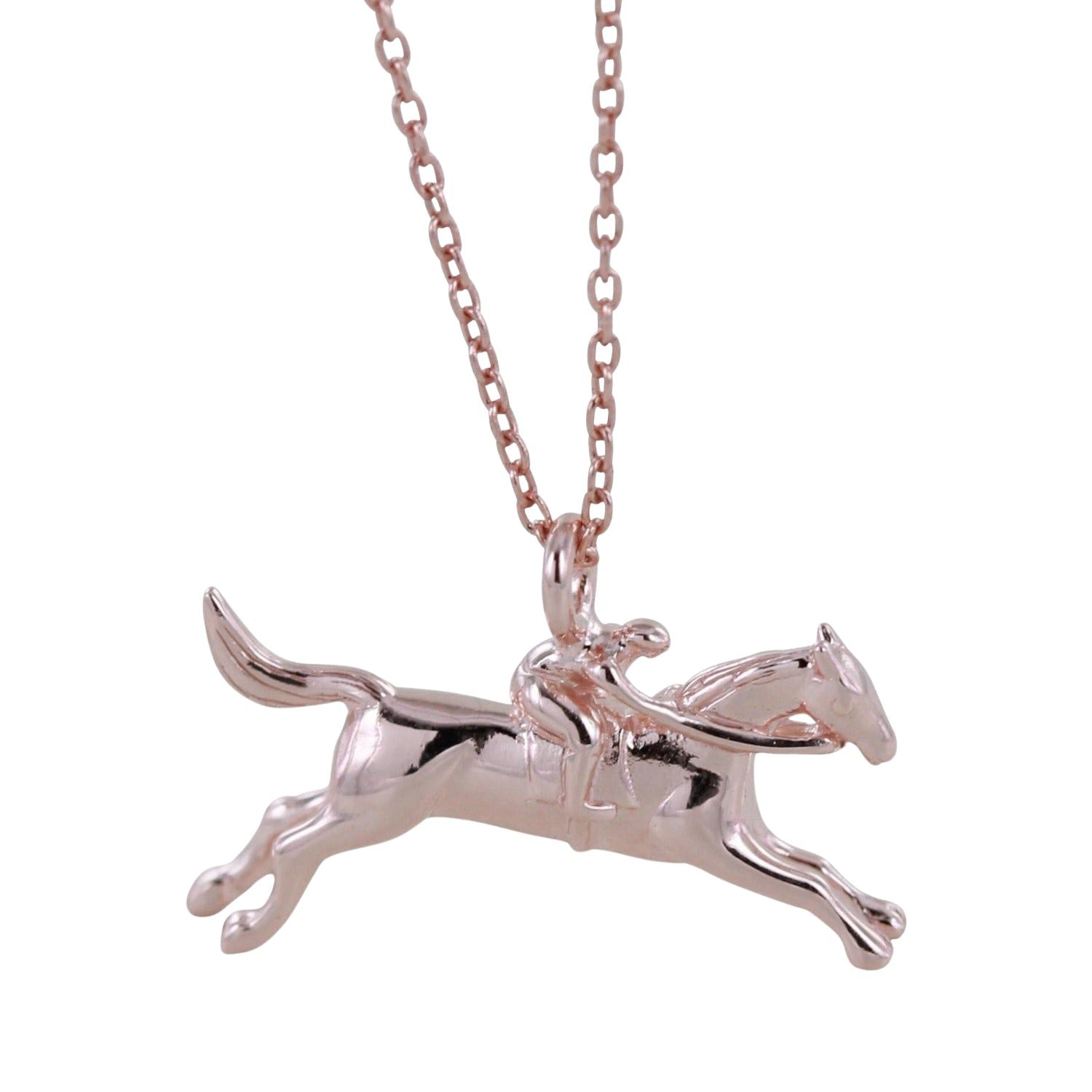 Silver and rose gold racing horse necklace on a rose gold chain.
