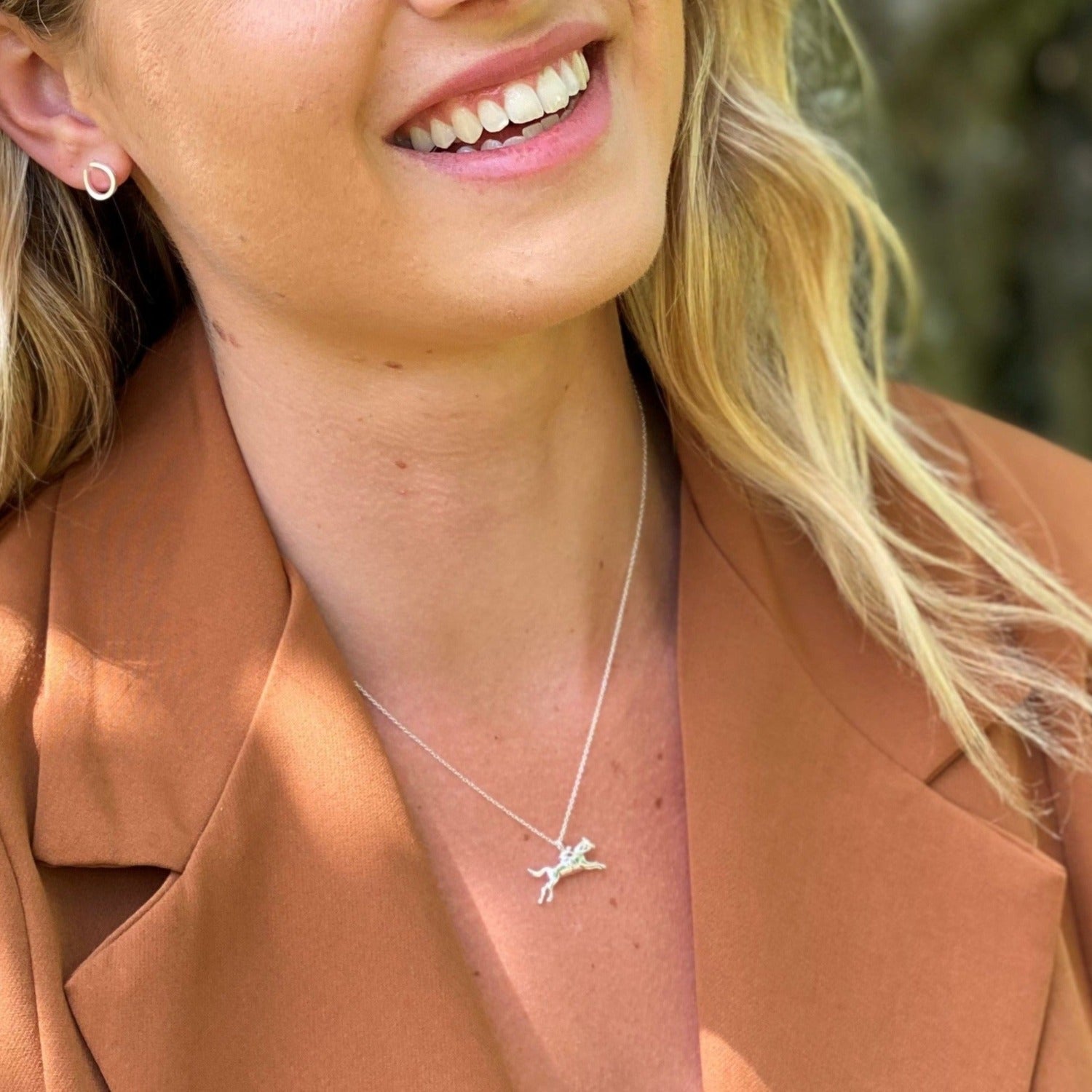 Sterling Silver Racing Horse Necklace on a sterling silver adjustable chain.