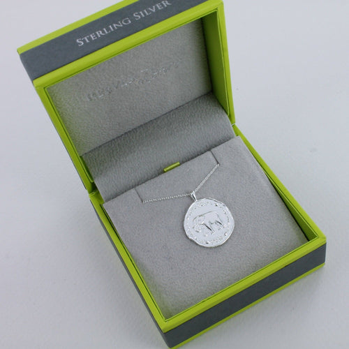 Silver elephant coin necklace hanging on a silver chain and shown in a Reeves & Reeves grey and green gift box.