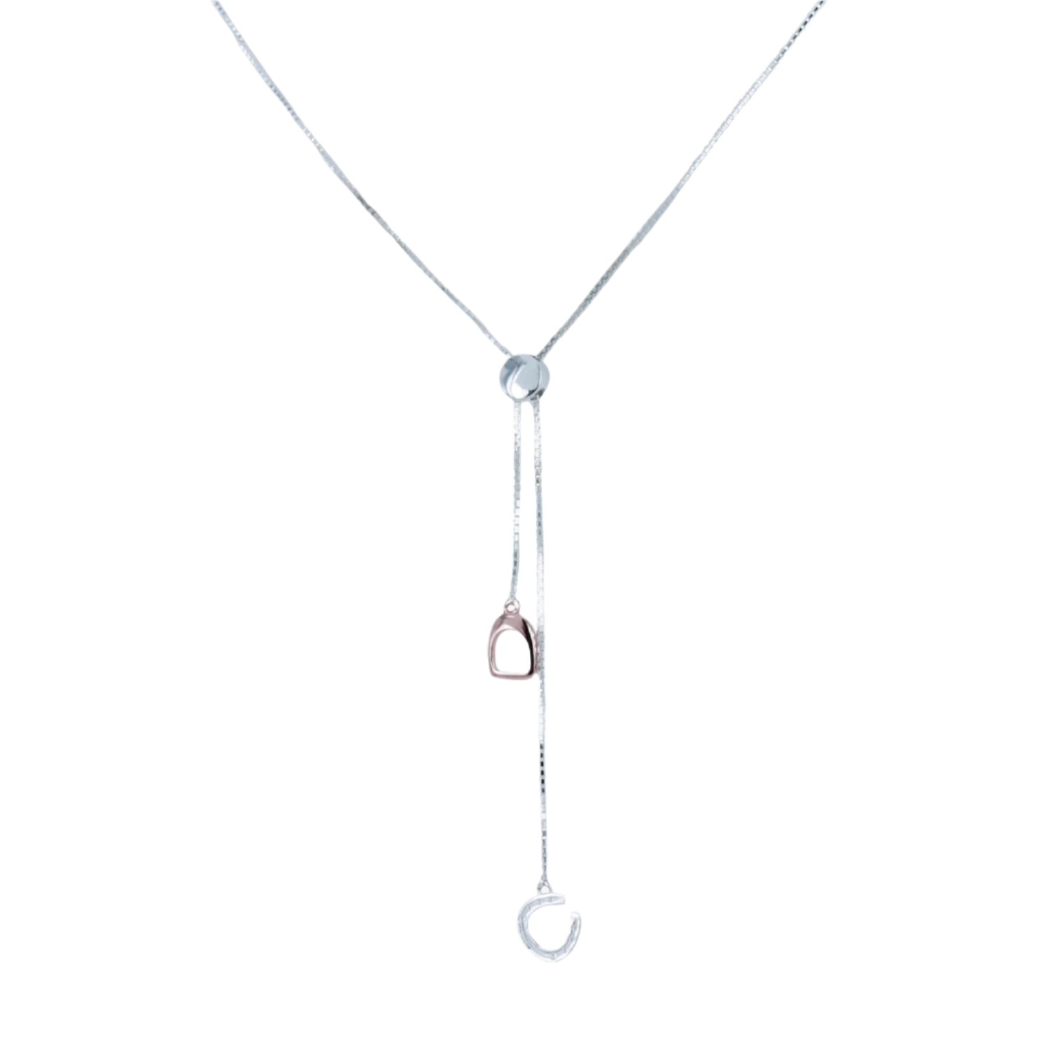 A Silver pull through style necklace, with a horseshoe and stirrup charm dangling on the silver chain.