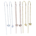 Three pairs of pull through earrings in silver, 18ct rose and yellow gold plate. Each pair has a silver star at the end of a simple chain, which threads through the ear with a chain and bar hanging behind.