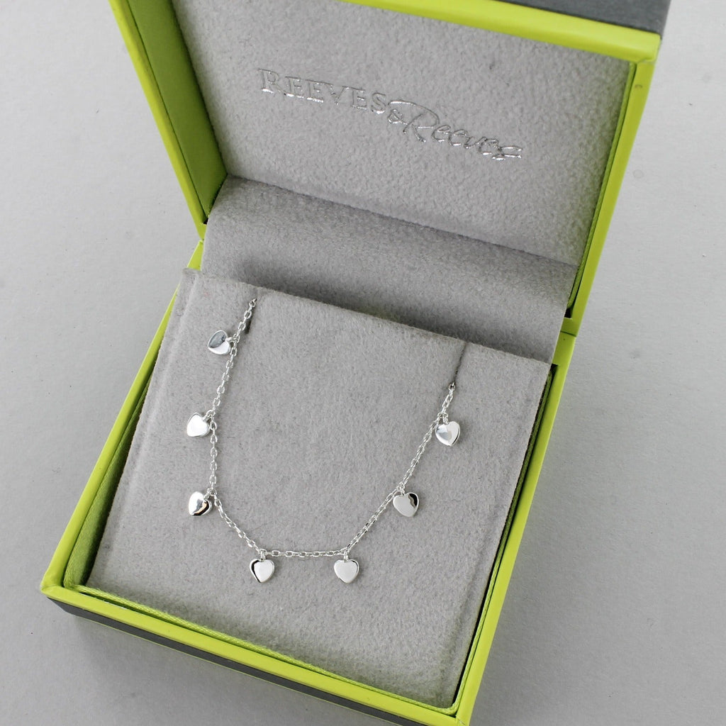 Silver Heart chain Necklace, shown in a Reeves & Reeves grey and green branded gift box.