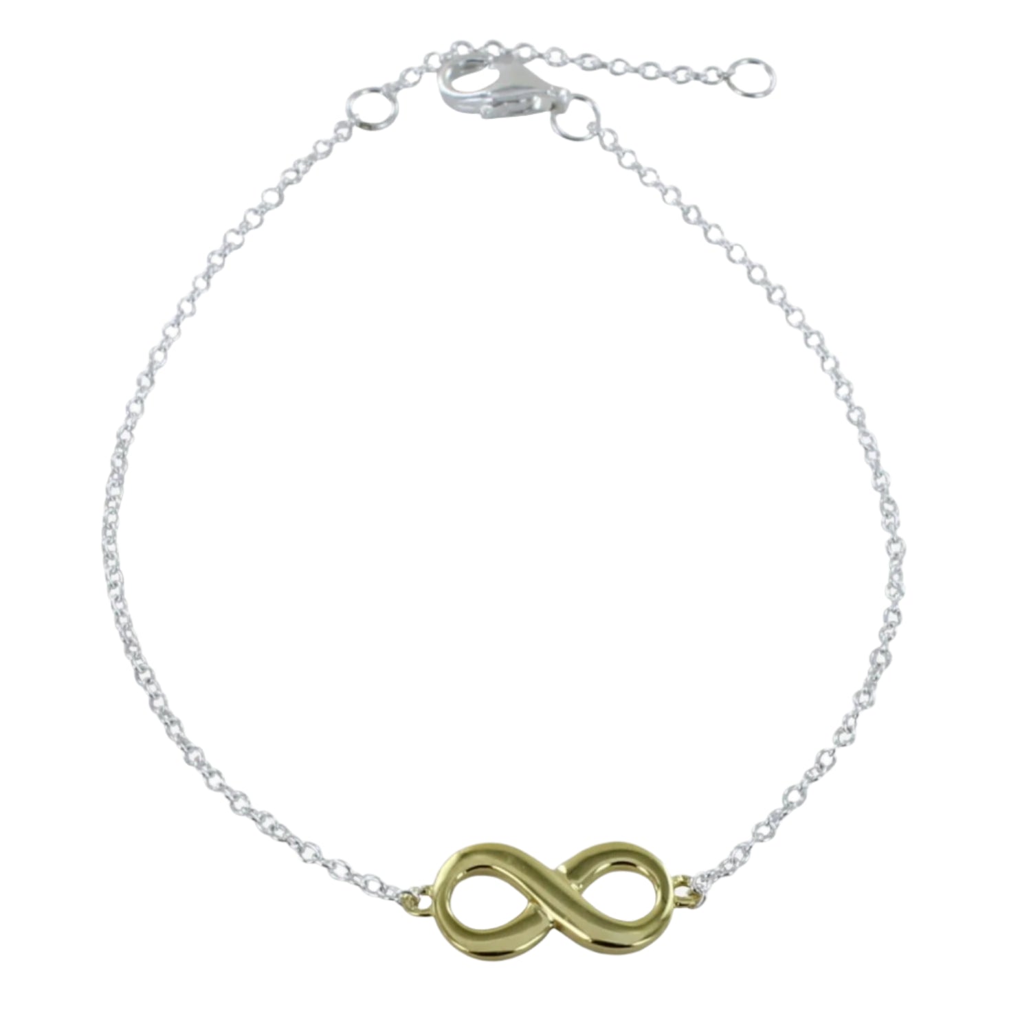 Fine chain Bracelet with a gold infinity symbol at the centre and a lobster style clasp.