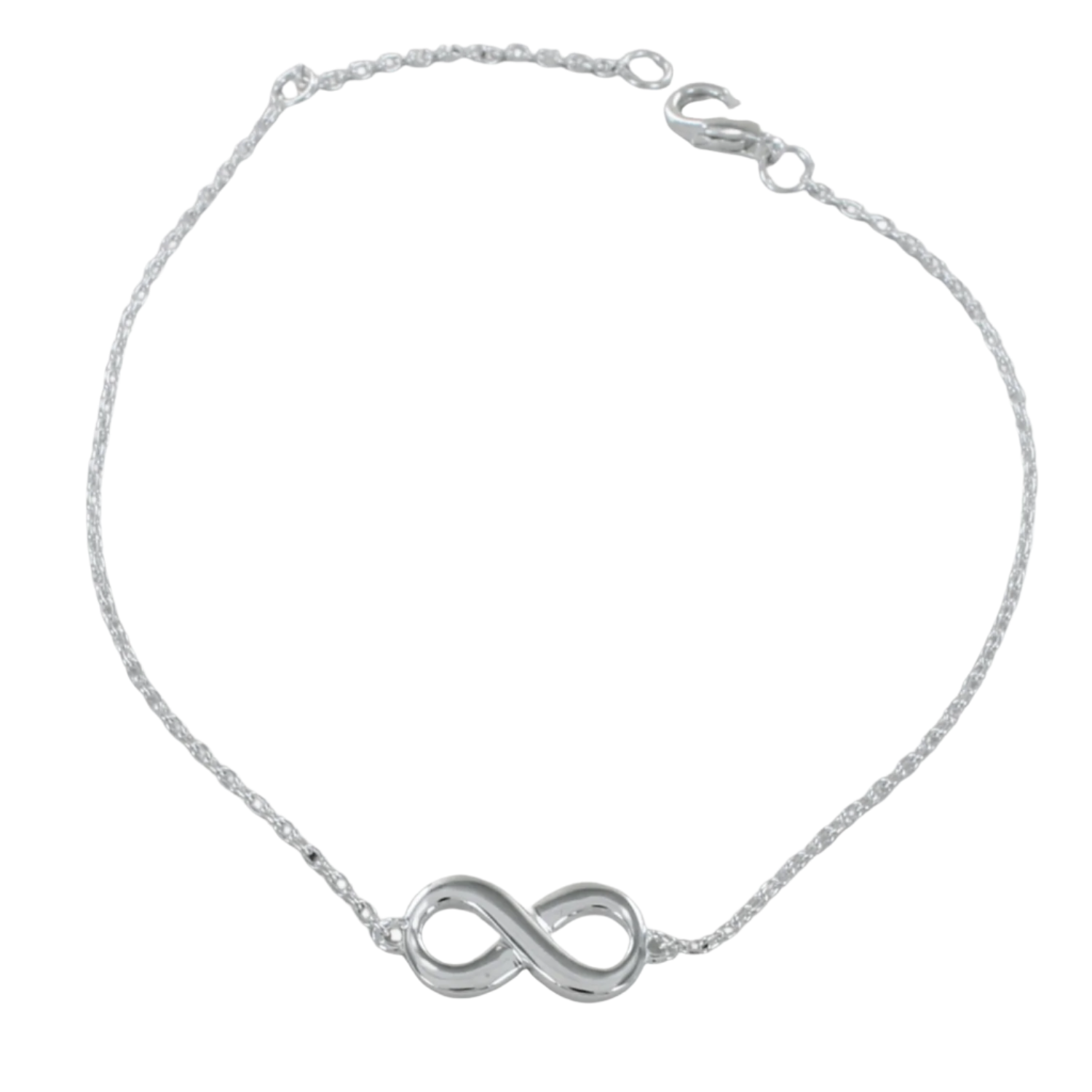 Silver chain bracelet with an infinity symbol and finished with a lobster style clasp.