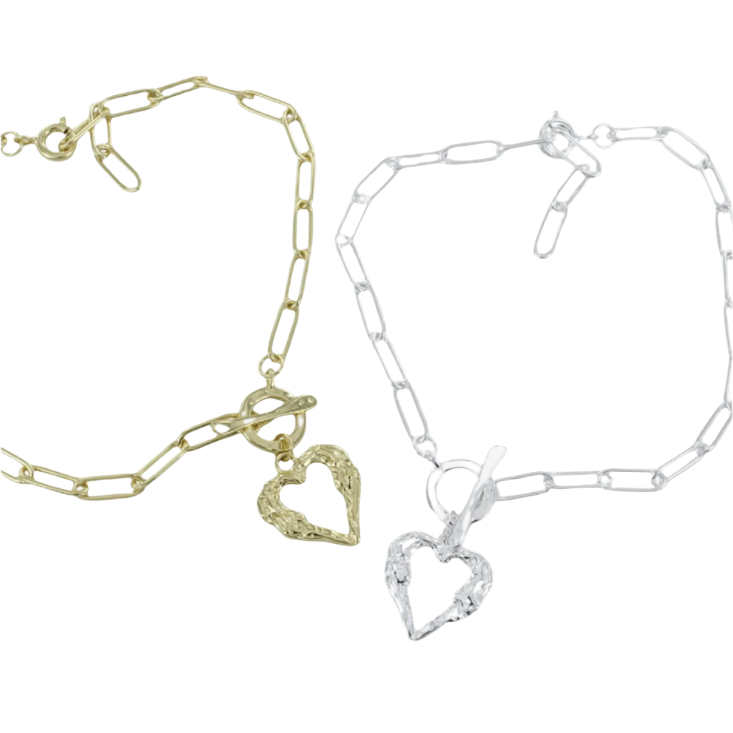 Two bracelets, one silver and one gold plate with a paperclip style chain and a t bar clasp. A textured heart silhouette hangs from the clasp as the central feature.