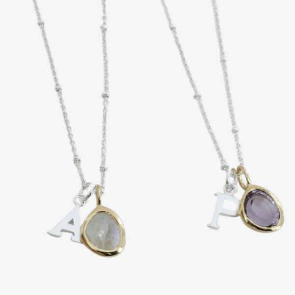 Labradorite Necklace in Gold with Sterling Silver initial - Reeves & Reeves