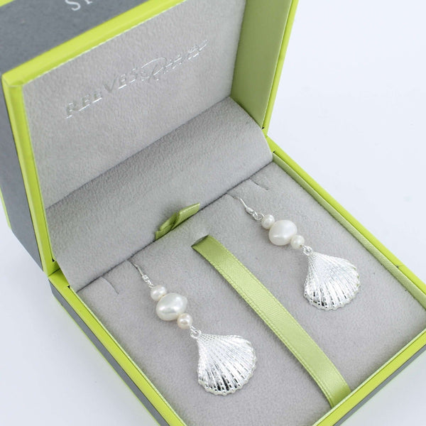 Large Scallop and Pearl Drop Earrings - Reeves & Reeves