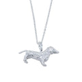 A sterling silver large dachshund pendant, hanging on a silver adjustable chain.