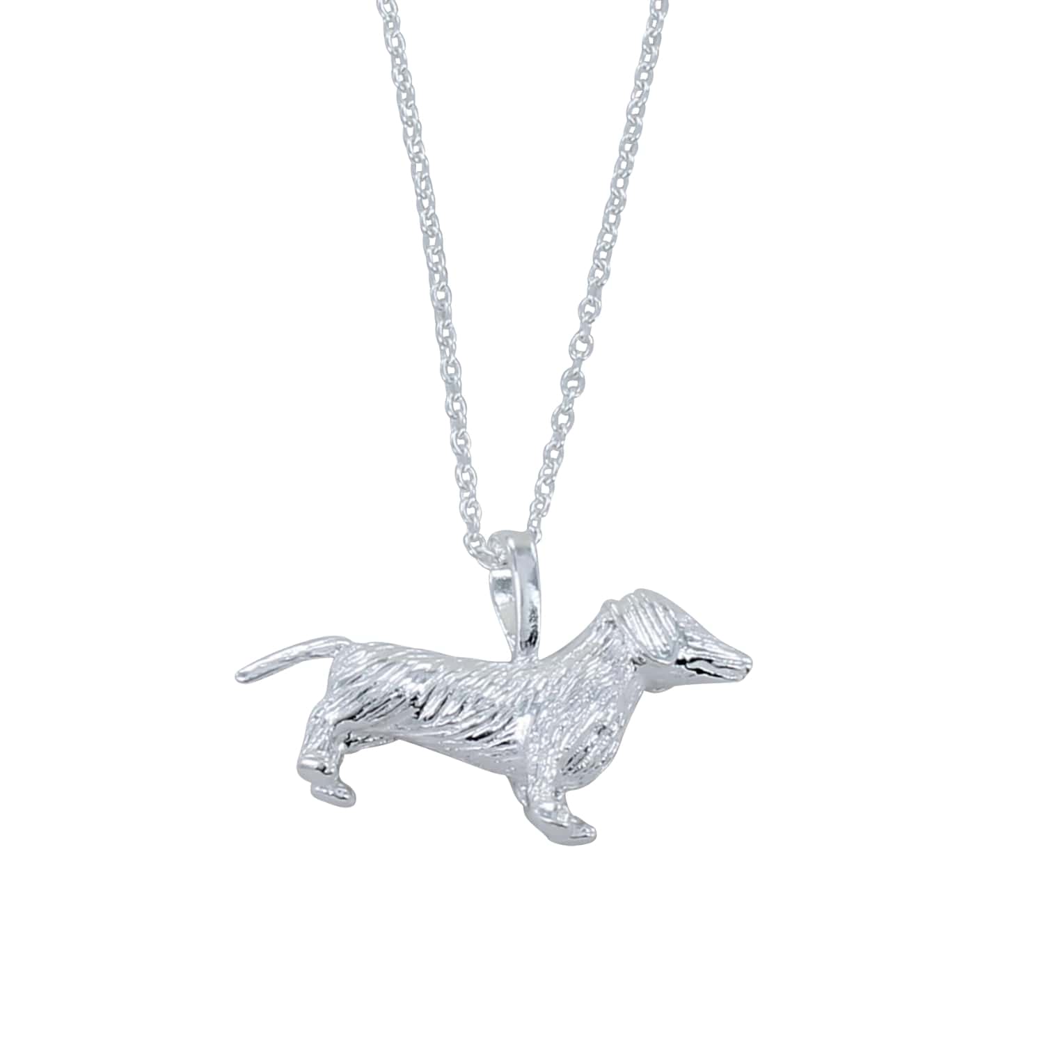 A sterling silver large dachshund pendant, hanging on a silver adjustable chain.