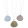 Silver, yellow and rose gold plated textured disc necklaces, hanging on silver adjustable chains.