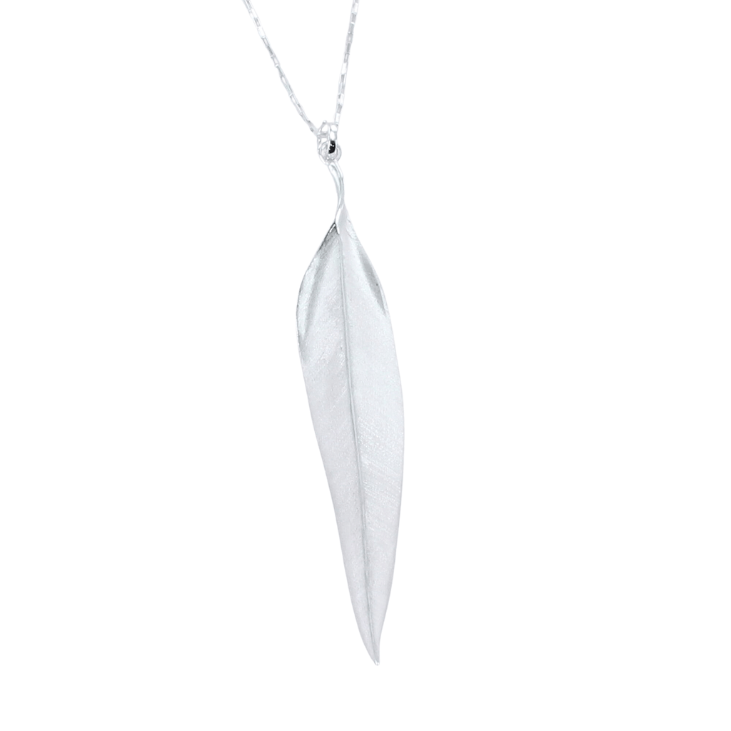 A Sterling Silver matt leaf pendant with gently curved edges, hanging vertically from a sterling silver adjustable chain.