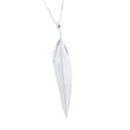 A Sterling Silver matt leaf pendant with gently curved edges, hanging vertically from a sterling silver adjustable chain.